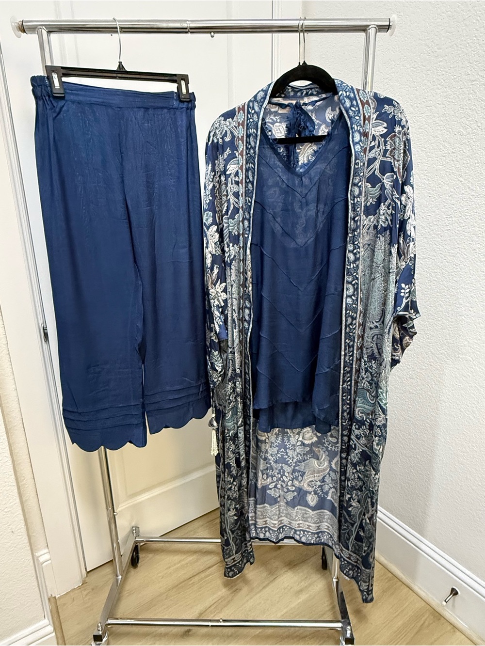 Women's Navy Blue Three-Piece Kurta Set with Printed Long Jacket